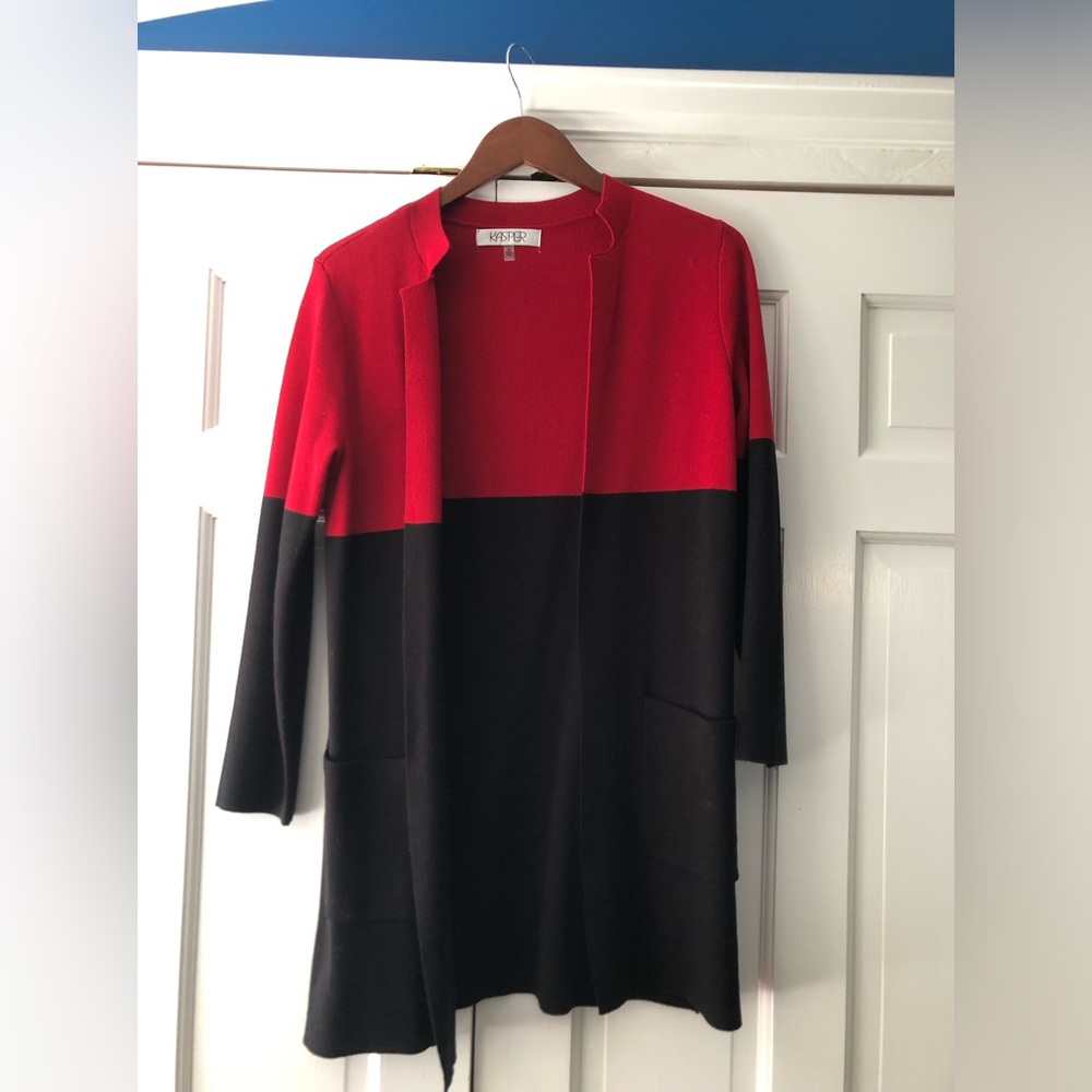 Long red and black sweater by Kasper. Feels like merino wool. XS